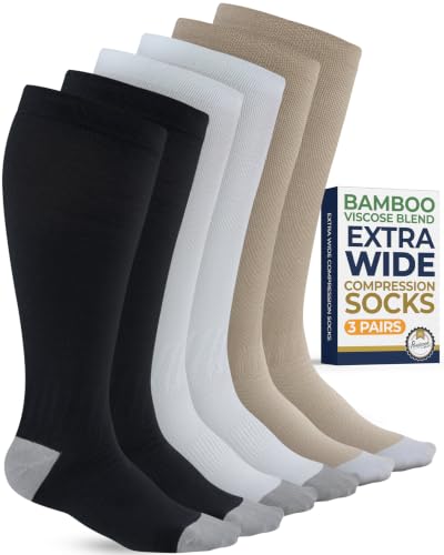 Pembrook® 3 Pairs Plus Size Compression Socks Wide Calf - Bamboo Viscose - color: Black/White/Tan - 3 Pairs, size: X-Large
