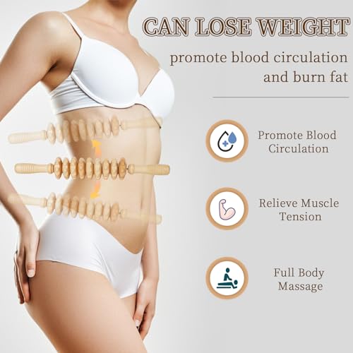 Liitrton Manual Wooden Massage Roller Stick for Muscle Relief, 9‑Wheel - size: 9-Wheel-Wood