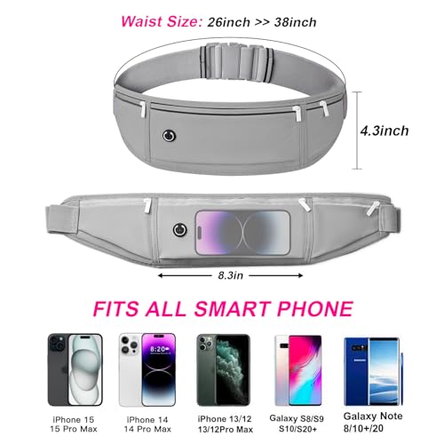 Slim Running Belt for Women Men, Runners Fanny Pack Phone Holder, Money Belt, Running Gear Accessories, with 3 Pockets, Light Gray - color: Light gray