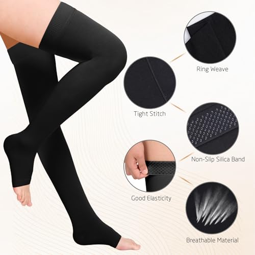 Athbavib 15-20 mmHg Thigh High Compression Socks for Women & Men - color: B-Black(Open Toe), size: 4X-Large