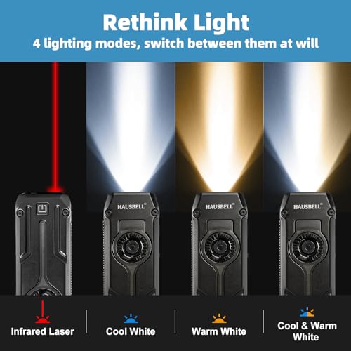 HAUSBELL UV Flat EDC Flashlight Rechargeable, 365nm Black Light & Red Laser Pointer, Slim Pocket Light 1800 Lumens, Stepless Dimming, Side-COB Flood, Magnetic Base for Outdoor, Car Repairing, Gifts - color: Black