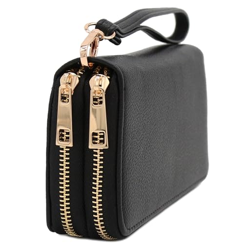 FashionPuzzle Double Zip Around PU Leather Wristlet Cell Phone Wallet - color: Black