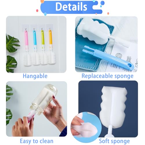 Bottle Brush 8PCS Sponge Cup Brush Set Cup Scrubber Brush Portable Long Handle Water Bottle Cleaner Brush for Baby Bottles Vacuum Flasks Mugs Glasswares (8PCS)