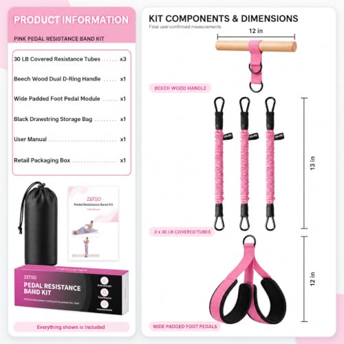 Pedal Resistance Band with Wood Handle, 3 x 30 lb Tubes - color: Pink