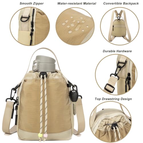 Water Bottle Carrier Bag with Strap, Water Bottle Holder Crossbody Backpack Handbags for Women Men for Hiking - color: Khaki