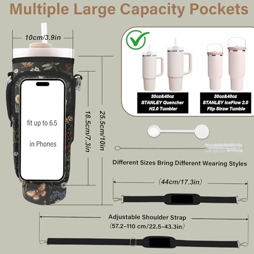 Water Bottle Carrier Bag for Stanley Cup 40/30oz, Neoprene Water Bottle Holder Pouch with 3 Pocket Adjustable Shoulder & Hand Strap - color: Retro Forest Mushroom