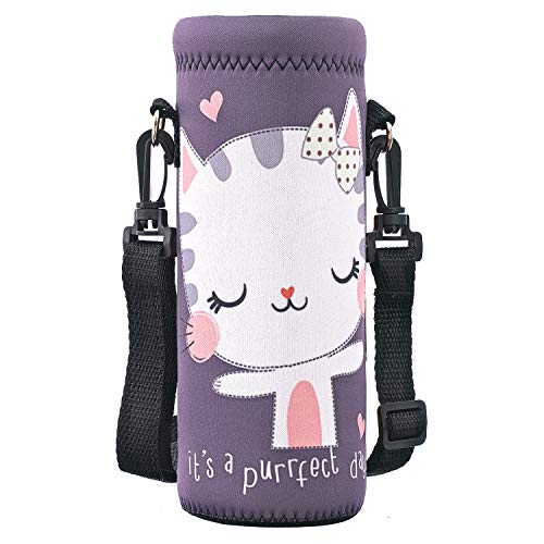 RICHEN Neoprene Water Bottle Carrier Bag with Adjustable Shoulder Strap,Insulated Water Bottle Cover for Stainless Steel/Glass/Plastic Bottles - color: Cute Cat, size: 500ml