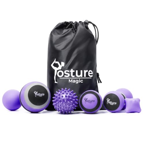 Posture Magic Massage Ball Kit for Myofascial Trigger Point Release & Deep Tissue Massage - Set of 6 - Large Foam/Small Foam/Lacrosse/Peanut/Spiky/Hand Exercise Ball (Purple) - color: Purple
