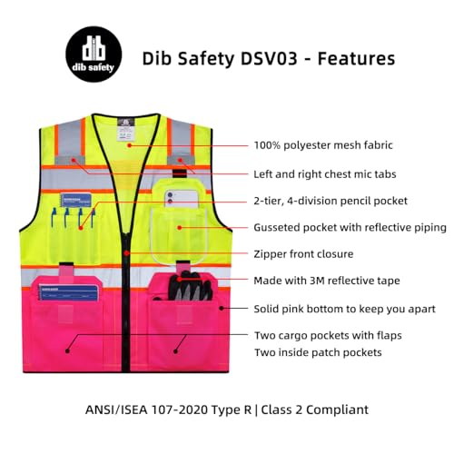 Dib Safety Reflective Safety Vest Made with 3M Tape, Yellow and Pink XL - color: Yellow & Pink, size: X-Large