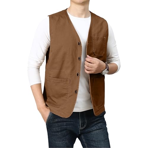 PRIJOUHE Mens Casual Cotton Vest Lightweight Outdoor Fishing Utility Vest - color: 02-brown, size: Small
