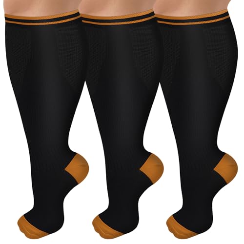 CTHH Wide Calf Compression Socks for Women Men Plus Size Knee High Stocking - color: Black/Yellow, size: XX-Large