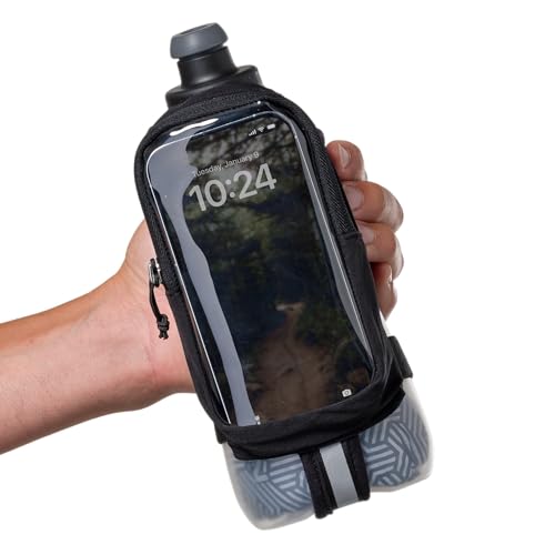 Nathan SpeedDraw 2 Insulated Handheld Running Water Bottle Flask 18oz – Double-Wall Insulation, Ergonomic Grip, Blast Valve Cap, Phone & Key Storage Pockets, Reflective Design - color: 18oz Clearview - Black