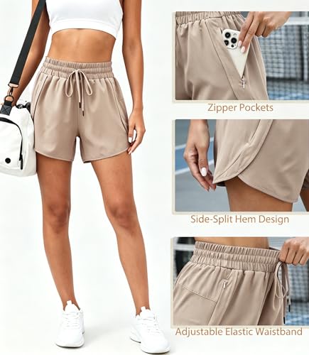 Halife Women's High Waisted Quick Dry Athletic Running Shorts with Pockets - color: Khaki, size: XX-Large