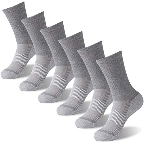 FOOTPLUS Hiking Copper Compression Socks,Unisex Cushioned Sole Arch Support Athletic Crew Running Socks - color: 6 Pairs- Light Gray Crew, size: Large-X-Large