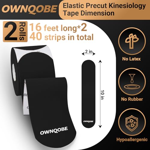 Kinesiology Tape, 2 Rolls, 40 Precut Strips, Waterproof, Black - color: Black