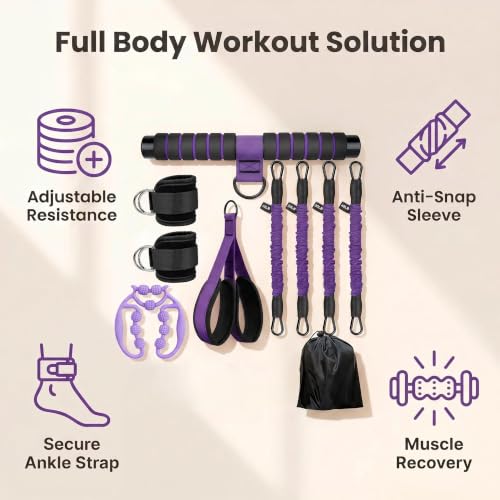Pink Pedal Resistance Band with Handle, 4 Tubes & Ankle Cuffs - color: Purple