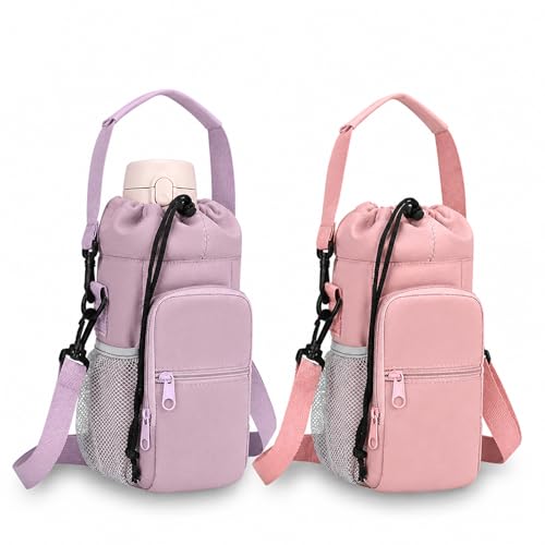 2 Pack Water Bottle Holder Bag with Strap for 30-40 Oz Bottles - color: purple and pink