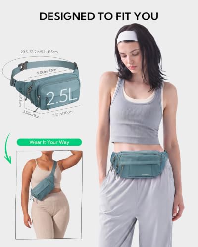 WATERFLY Fanny Pack Waist Bag: 2.5L Large 5 Zipper Pockets for Women Men - color: Mist Blue