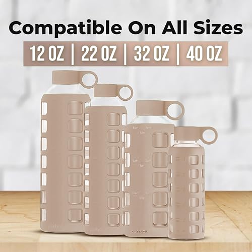 purifyou Replacement Cap for 40, 32, 22, 12 oz Reusable Glass Water Bottle with Time & Volume Markings, Non-Slip Silicone Sleeve, Stainless Steel Lid Insert, Sports Bottle for Water, Juice (Hazelnut) - color: Hazelnut