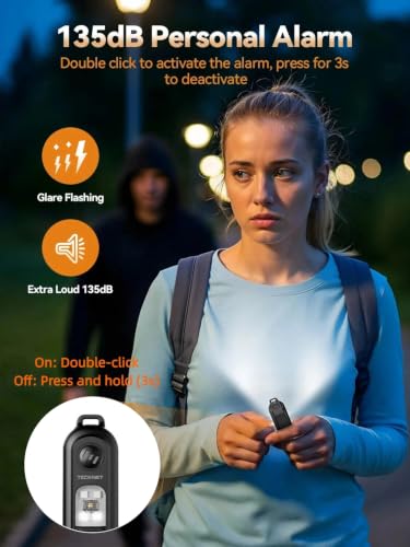 TECKNET Clip-On Personal Alarm with LED Light, USB-C Rechargeable, Black - color: Black