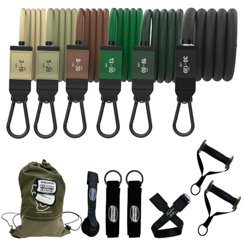 Bodylastics Patented Basic Series Resistance Band Set - Resistance Bands with Snap Reduction Tech, 2 Handles, 2 Ankle Straps, 1 Door Anchor & 1 Carry Bag - color: PRO 3-310 LBS Set Camo