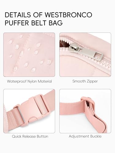 WESTBRONCO Puffer Fanny Packs for Women Quilted Nylon Waterproof Belt Bag with 2 Zipper, Puffy Crossbody Bag with Adjustable Strap, 1L Waist Bag for Travel Daily - color: Pink-25