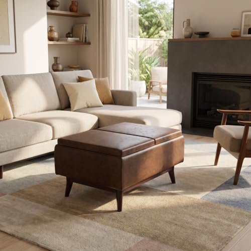 SIMPLIHOME Owen 34" Wide Vegan Leather Tray Top Ottoman in Chestnut Brown - color: Distressed Chestnut Brown