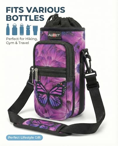 AUPET Water Bottle Sling Bag Sleeve Holder Carrier 25/32/40/64 oz,Insulated Crossbody Water Bottle Case Cover with Strap and Pockets for Men/Women Walking Hiking - color: purple butterfly flower, size: 40oz