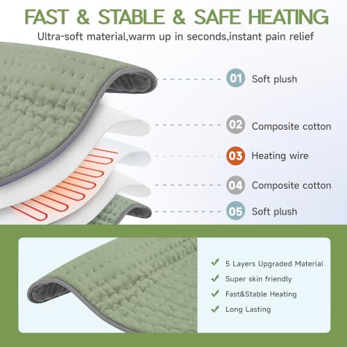 Heating Pad for Full Body Pain Relief 6 Heat Levels 4 Timers Soothes Back, Waist, Neck & Leg Aches Moist Machine Washable Holiday Wellness Gift - color: Green, size: 12'' x 24''
