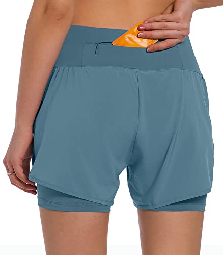 Ksmien Women's 2 in 1 Running Shorts with Liner Phone Pockets - color: Denim Blue, size: XX-Large