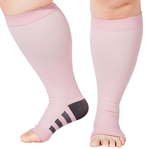 Abodhu Plus Size Compression Socks Open Toe Compression for Women& Men 15-20mmHg Wide Calf Knee High Toeless Compression Sock - color: Baby Pink, size: 3X-Large-4X-Large