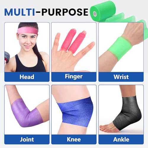 9 Pack Pre Wrap Tape, 9 Colors 2.76 Inch x 11 Yards Prewrap Athletic Tape - color: Blue,pink,purple,white,red,black,skin,green,yellow