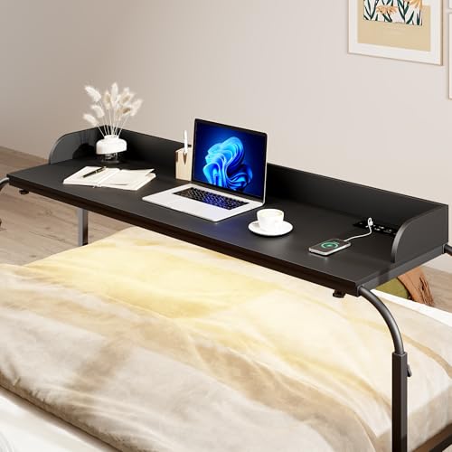 HWB Bed Table Desk with Wheels & Adjustable Height, LED Lights - color: Carbon Black