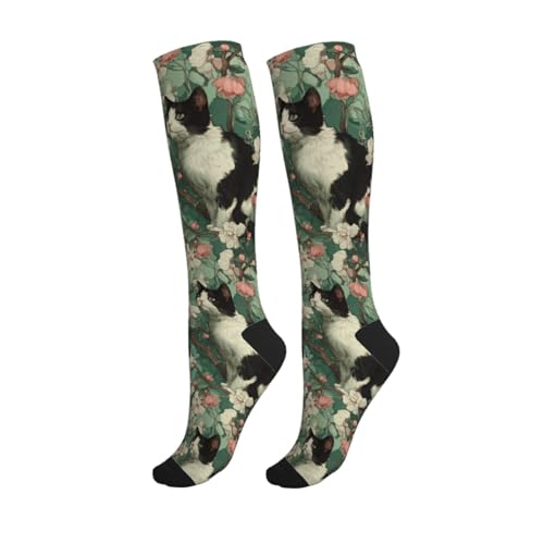 Cute Compression Socks Knee High Support Stockings Women Men - color: Cat Flower