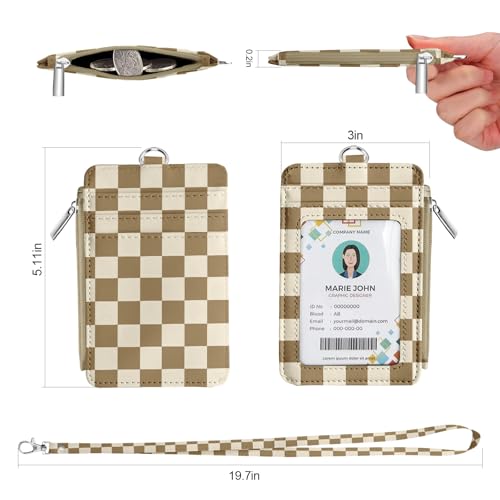 bolimoss Checkered Lanyard Wallet with ID Badge Holder Breakaway Neck Lanyard, Pu Leather Zip Id Case Wallet with Zipper Pocket for Women Office Worker Teacher Student Nurse - color: Khaki Beige Checkerboard