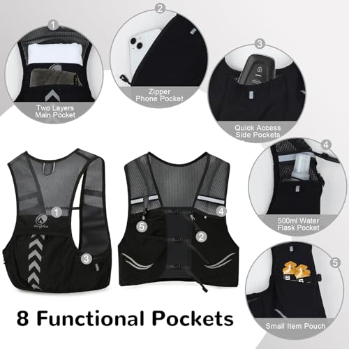 Hydration Running Vest with 2pcs 500ml/17oz Water Bottles, M/L - color: Black, size: L: 35.4" - 49.2"