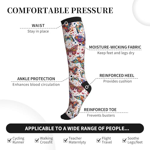 Compression Socks Knee High Circulation Support Socks For Women Men Athletic Running Hiking Cycling - color: Butterfly2