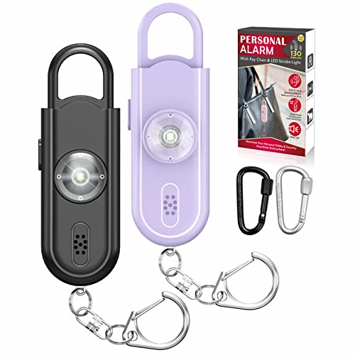 Safe Sound Personal Alarm, 2 Pack 130 dB Loud Siren Song Emergency Security Alarm Keychain with Strobe LED Light, Personal Sound Safety Siren for Women, Men, Children, Elderly - color: Black/Purple