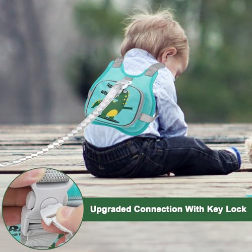 Accmor Toddler Harness Leash+ Anti Lost Wrist Link, Cute Dinosaur Kids Harness with Leash, Collapsible Child Leash Baby Walking Harness Wristband Assistant Strap Belt for Boys Girls to Outdoor Travel - color: Teal/Cool Tyrannosaurus Rex