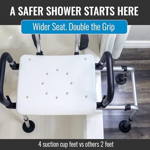 DMI 360 Max Comfort Swivel Shower Chair & Transfer Bench, Extra-Wide 360lb Capacity, Non-Slip & Padded Arms, Bonus Adjustable Back Scrubber - style: Sliding + 360° Swivel