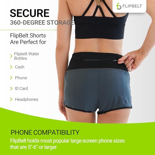 FlipBelt Women’s Running Shorts – Built-in FlipBelt Running Belt for Phone/Essentials, Zipper Closure, USA Company