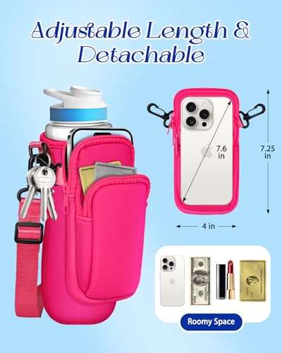 Water Bottle Sleeve with Pouch for Cirkul 22 oz - Crossbody Shoulder Strap Detachable Phone Purse with Bottles Cover Holder Carrier Bag - color: Hot Pink for 22oz