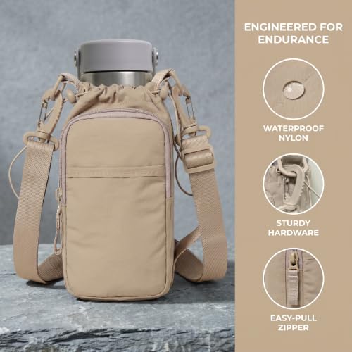 Bokelai Water Bottle Holder Bag with Strap Lightweight Crossbody Carrier Sling Bag for Hiking Camping Travelling Water Bottle Sleeve Gym Accessories - color: Light Beige