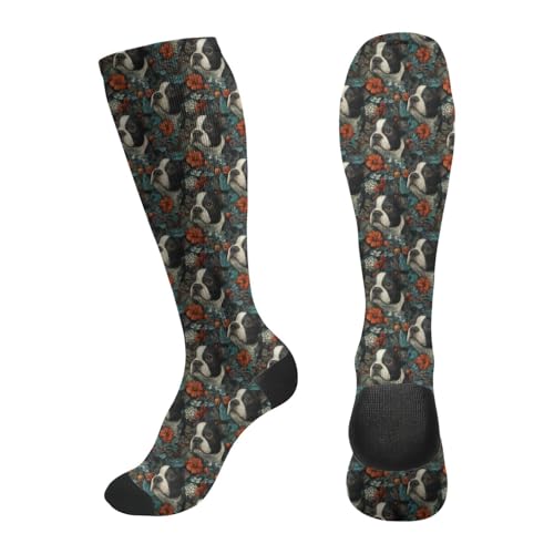 FREEHOTU Compression Knee High Socks for Women/Men Circulation 15-20 Mmhg - color: Boston Terrier Floral