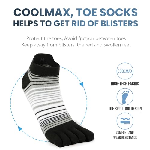 Toe Socks for Men and Women Athletic Running Coolmax Five Finger Ankle/Quarter Socks Breathable Lightweight, 3 Pairs - color: E4110# Striped, size: Medium