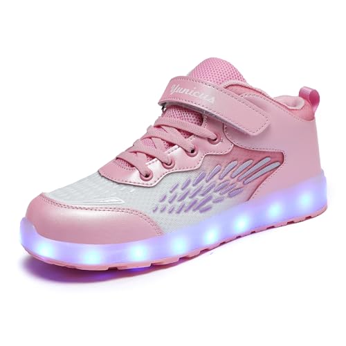 Kids Light up Shoes LED USB Charging Flashing High-top Wings Sneakers Boys Girls Trainers for Festivals Halloween Christmas New Year Party Great Gift - color: Pink White, size: 13.5 Little Kid