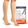 Lemon Hero Zipper Compression Socks 15-20mmHg Open Toe for Women & Men - color: Beige, size: Large