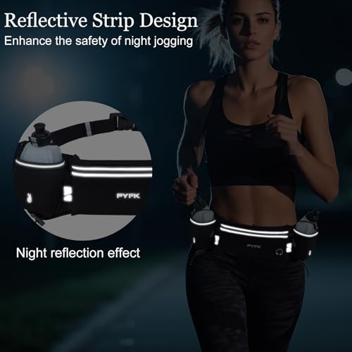 PYFK Running Belt with Water Bottles, Hydration Belt for Men and Women, Water Bottle Holder Running Pouch Water Belt, Fanny Pack Fits 7 inches Phones, Waist pack for Runner Jogging - color: Black Reflective