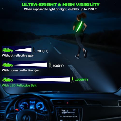 Reflective Sash Gear for Walking at Night,Flashing LED Reflective Belt Safety Lights for Walkers Night Dog Walking Biking Running,High Visibility Rechargeable With Wear 2 Ways for Men Women - color: Green