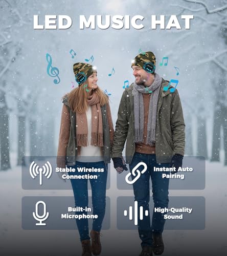 HEYAXA Bluetooth Beanie Hat, USB Rechargeable 4 LED Wireless Music Running Headlamp Cap, Dad Gifts for Husband, Dad, Birthday Gifts for Men, Dad, Father, Women, Him, Camouflage - color: Camouflage